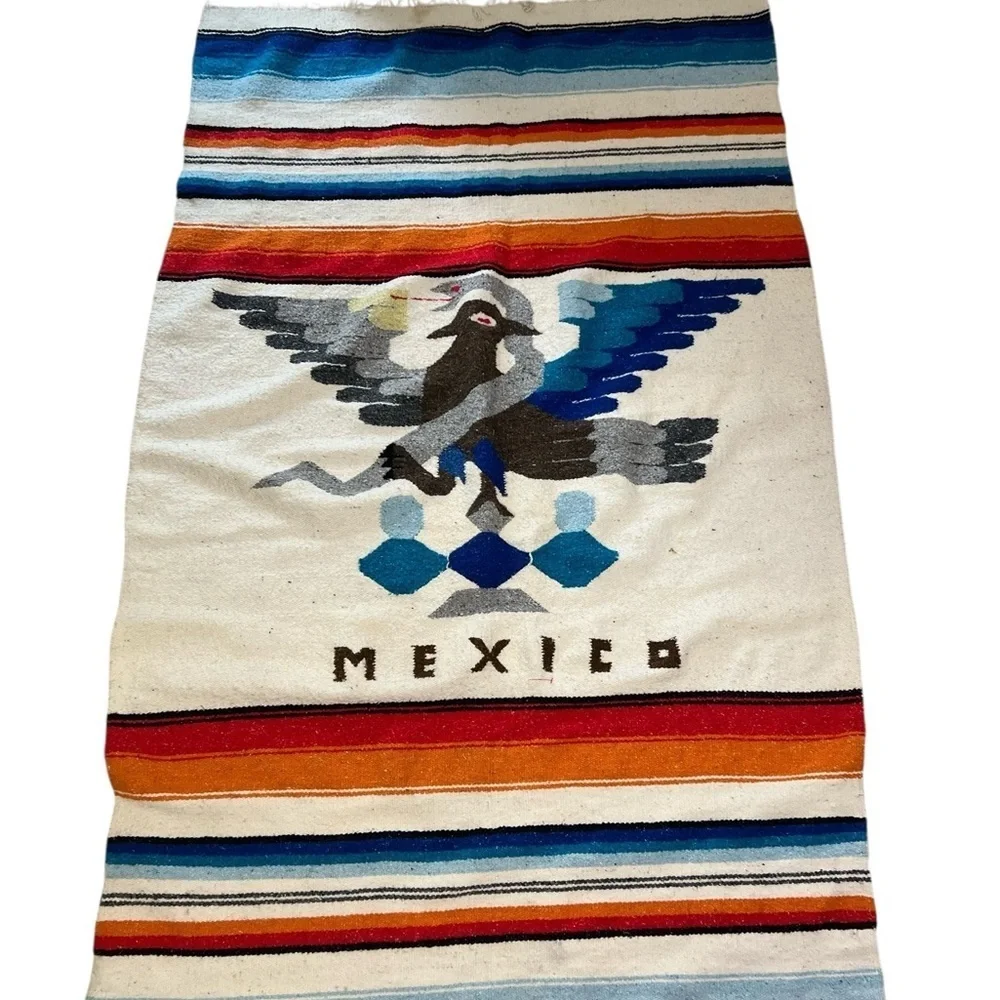 Vintage Hand Woven Mexican Aztec Snake Eagle Bird Blanket Rug Fringe 70”x40”
